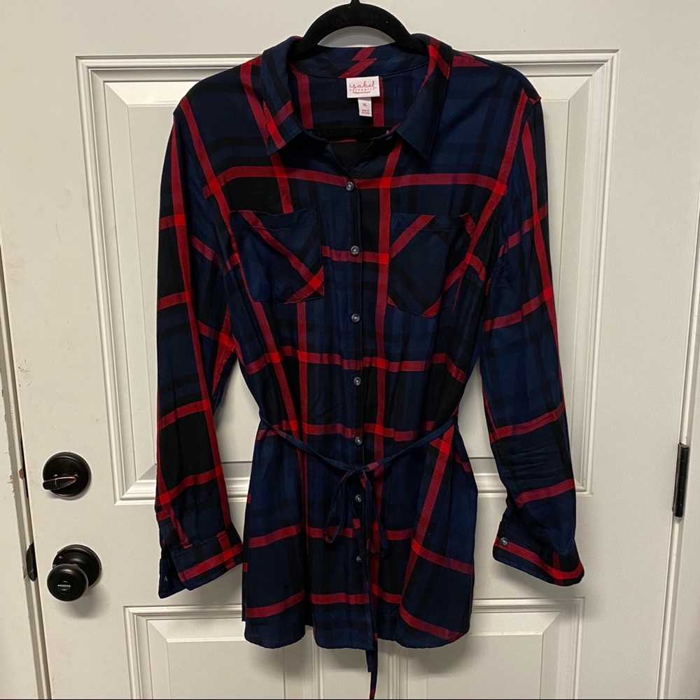 Plaid Maternity Button Down Tunic, XL